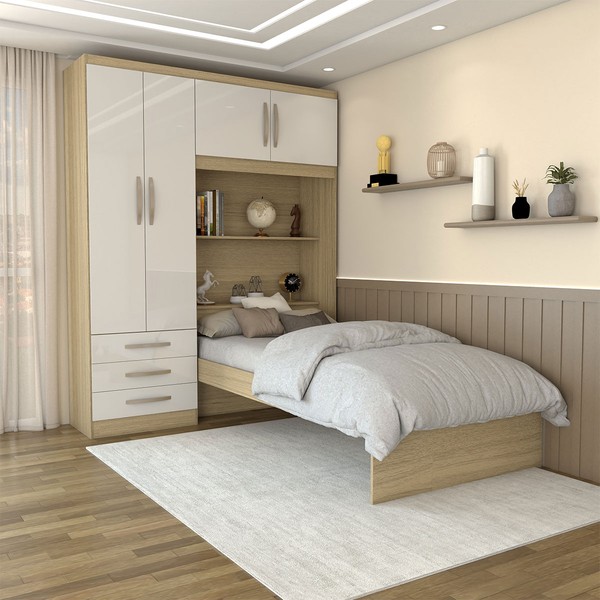 Guarda-Roupa Solteiro Collonia 4 Portas 3 Gavetas Castanho/Off White - Panorama Móveis