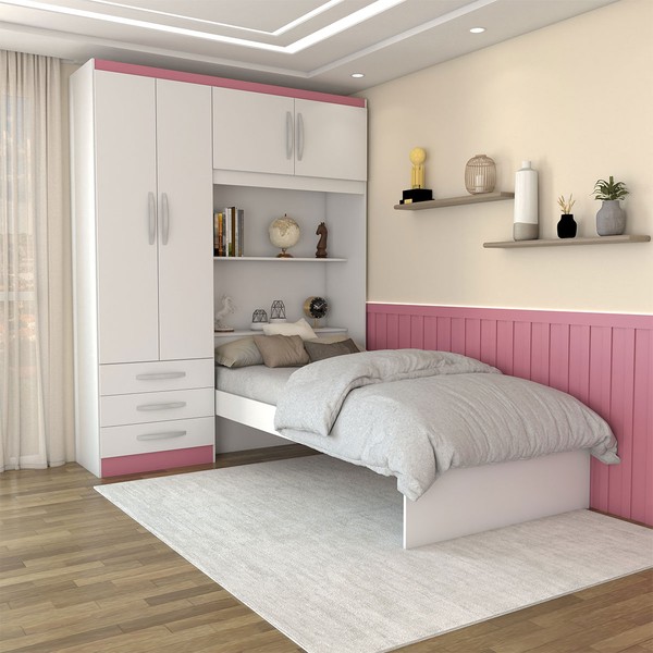 Guarda-Roupa Solteiro Collonia 4 Portas 3 Gavetas Branco/Pink - Panorama Móveis