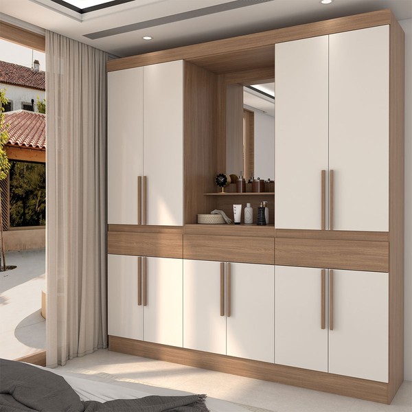 Guarda-Roupa Casal Joel 10 Portas 3 Gavetas com Espelho Nature/Off White - Panorama Móveis