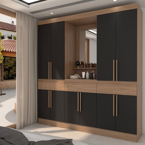 Guarda-Roupa Casal Joel 10 Portas 3 Gavetas com Espelho Nature/Preto Hp - Panorama Móveis