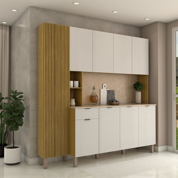 Armário de Cozinha com Balcão Talim 9 Portas 1 Gaveta Freijó/Artico - Panorama Móveis