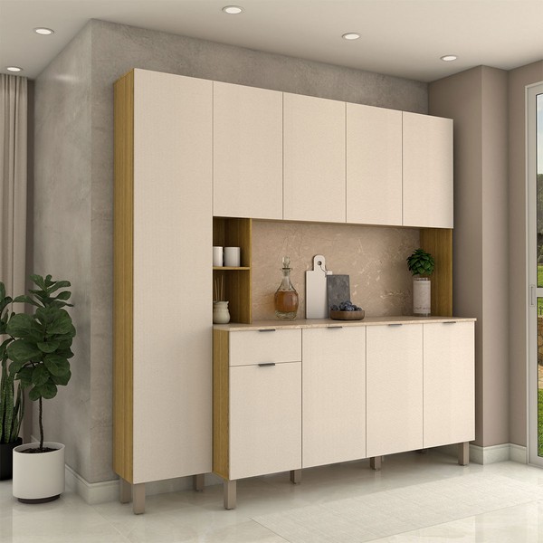 Armário de Cozinha com Balcão Talim 9 Portas 1 Gaveta Freijó/Soft - Panorama Móveis