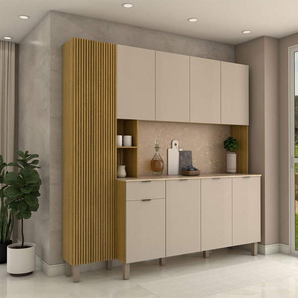 Armário de Cozinha com Balcão Talim 9 Portas 1 Gaveta Freijó/Vanilla - Panorama Móveis