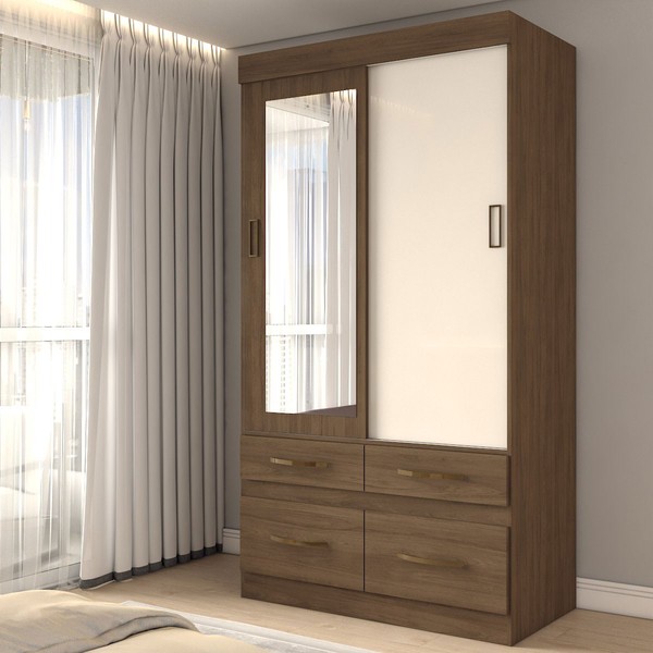 Guarda-Roupa Solteiro Trento 2 Portas 4 Gavetas com Espelho Flex Off White/Castanho - Panorama Móveis