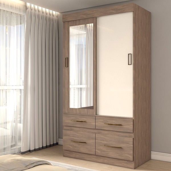 Guarda-Roupa Solteiro Trento 2 Portas 4 Gavetas com Espelho Flex Off White/Jequitibá - Panorama Móveis