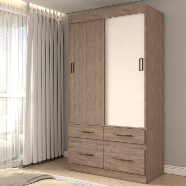 Guarda-Roupa Solteiro Trento 2 Portas 4 Gavetas Flex Jequitibá Brilho/Off White - Panorama Móveis