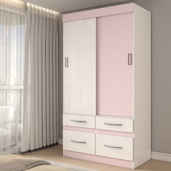 Guarda-Roupa Solteiro Trento 2 Portas 4 Gavetas Flex Branco/Rosa Chá - Panorama Móveis