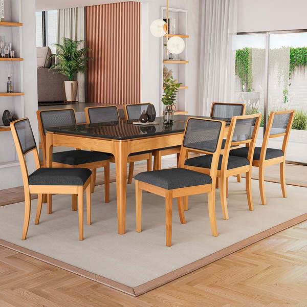 Mesa de Jantar 8 Lugares Loane com Vidro Madeira Maciça Preto/Titanio - Kappesberg
