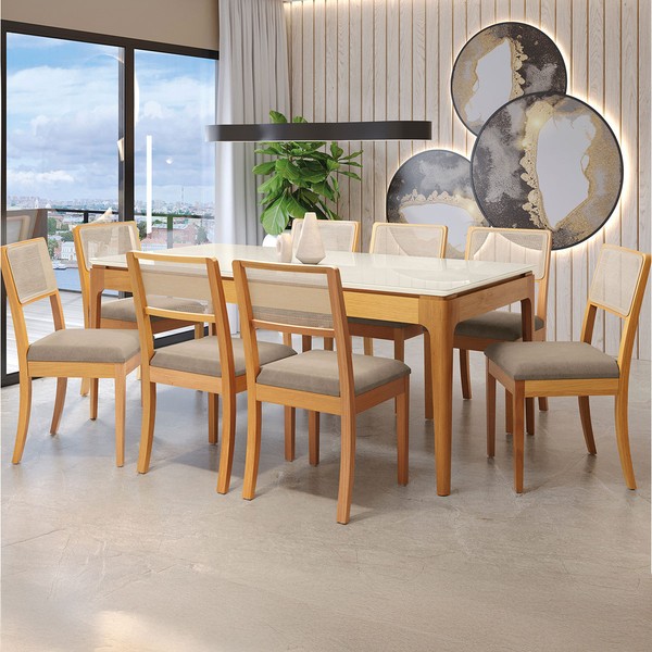 Mesa de Jantar 8 Lugares Loane com Vidro Madeira Maciça Off White/Fendi - Kappesberg