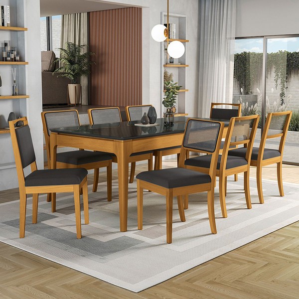 Mesa de Jantar 8 Lugares Loane com Vidro Madeira Maciça Preto/Titânio - Kappesberg