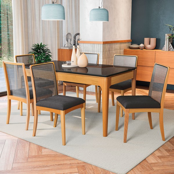 Mesa de Jantar 6 Lugares Avenna com Vidro Madeira Maciça Preto/Titanio - Kappesberg