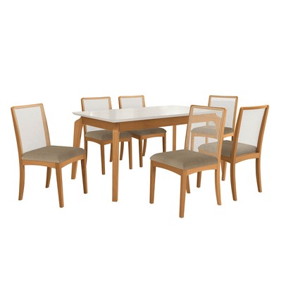 Mesa de Jantar 6 Lugares Késia com Vidro Madeira Maciça Off White/Capuccino - Kappesberg
