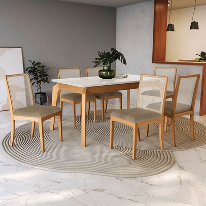 Mesa de Jantar 6 Lugares Késia com Vidro Madeira Maciça Off White/Capuccino - Kappesberg