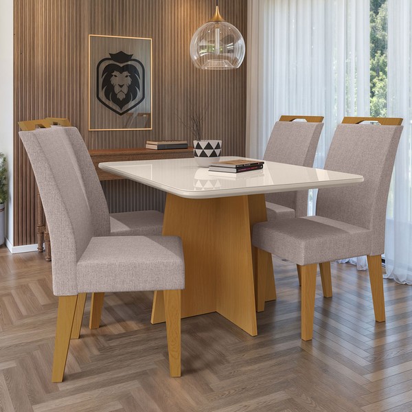 Mesa de Jantar 4 Lugares Evora com Vidro Nature/Bege - Art Panta