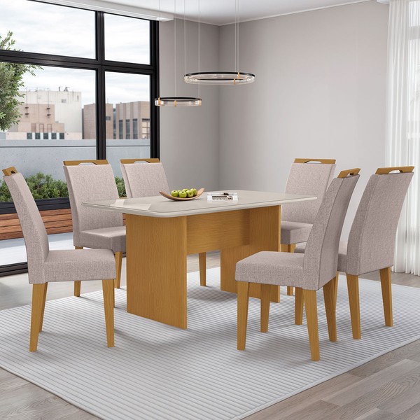 Mesa de Jantar 6 Lugares Cairo Evora com Vidro Nature/Bege - Art Panta
