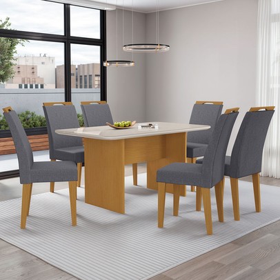 Mesa de Jantar 6 Lugares Cairo Evora com Vidro Nature/Cinza - Art Panta