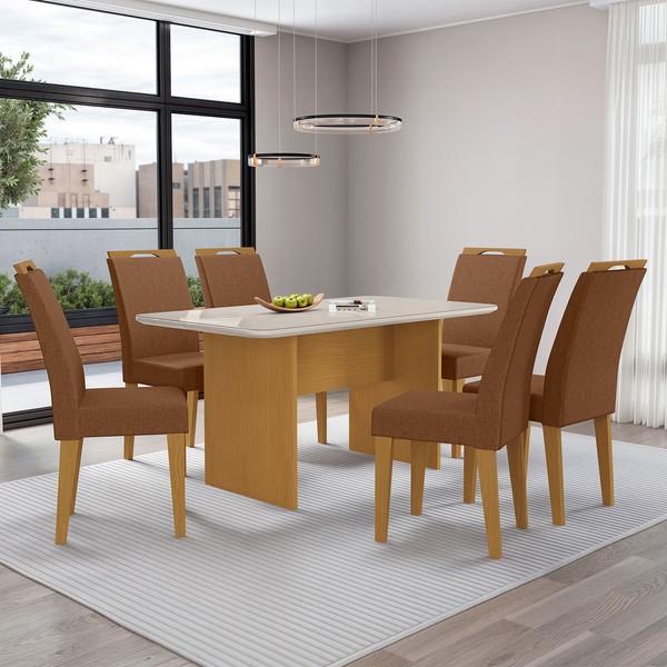 Mesa de Jantar 6 Lugares Cairo Evora com Vidro Nature/Marrom - Art Panta