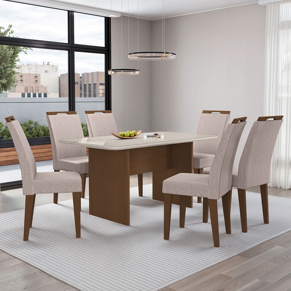 Mesa de Jantar 6 Lugares Cairo Evora com Vidro Freijo/Bege - Art Panta