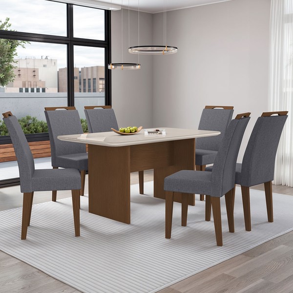 Mesa de Jantar 6 Lugares Cairo Evora com Vidro Freijo/Cinza - Art Panta