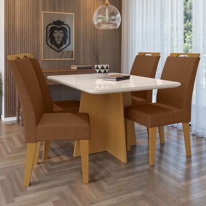 Mesa de Jantar 4 Lugares Evora com Vidro Nature/Marrom - Art Panta