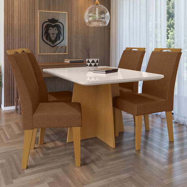 Mesa de Jantar 4 Lugares Evora com Vidro Nature/Marrom - Art Panta