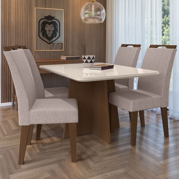 Mesa de Jantar 4 Lugares Evora com Vidro Freijo/Bege - Art Panta