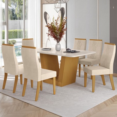 Mesa de Jantar 6 Lugares Viena Luna com Vidro Nature/Bege - Art Panta