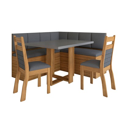 Canto Alemão Amelia com 2 Cadeiras Mel/Cinza Brilho/Veludo Grafite - Panorama Móveis