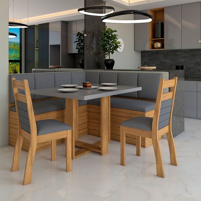 Canto Alemão Amelia com 2 Cadeiras Mel/Cinza Brilho/Veludo Grafite - Panorama Móveis