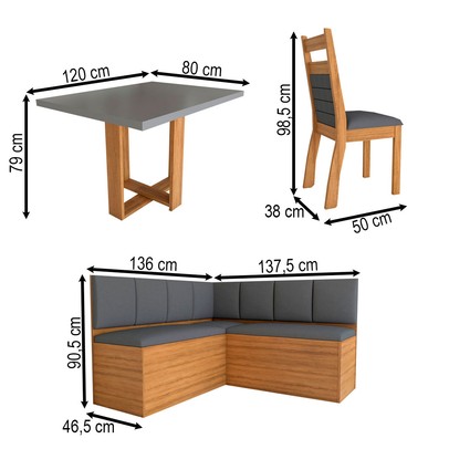 Canto Alemão Amelia com 2 Cadeiras Mel/Cinza Brilho/Veludo Grafite - Panorama Móveis