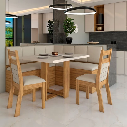 Canto Alemão Amelia com 2 Cadeiras Mel/Blonde/Veludo Perola - Panorama Móveis