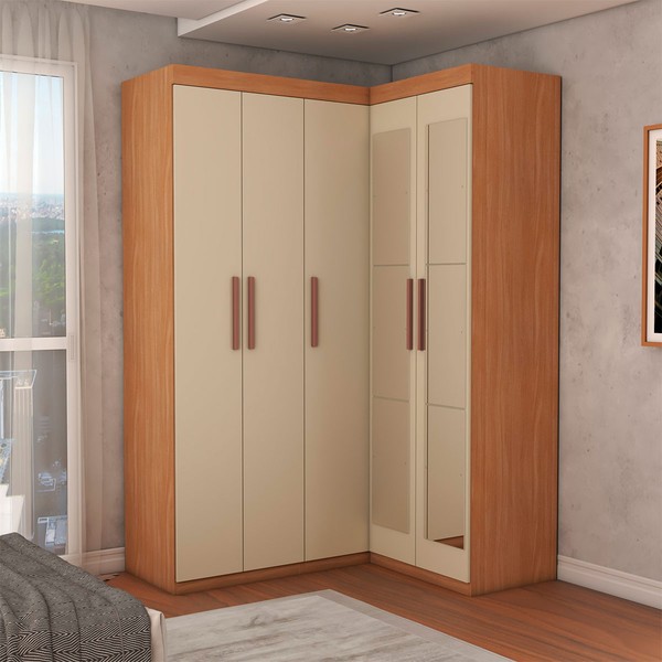 Guarda-Roupa Solteiro Modulado Odisseia 5 Portas 12 Prateleiras com Espelho Cinamomo/Off White - Panorama Móveis