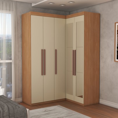 Guarda-Roupa Solteiro Modulado Odisseia 5 Portas 12 Prateleiras com Espelho Cinamomo/Off White - Panorama Móveis