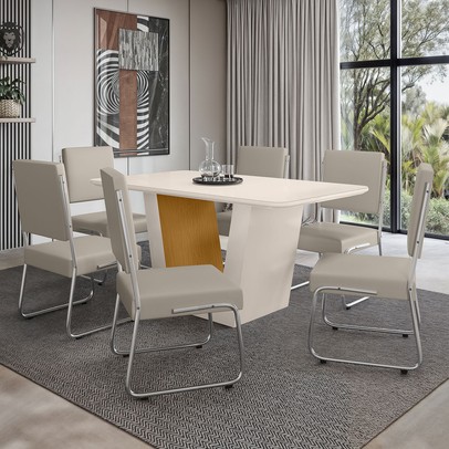 Mesa de Jantar 6 Lugares Viena Monaco com Vidro Cromado/Nature/Off White - Art Panta