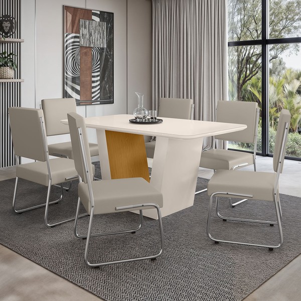 Mesa de Jantar 6 Lugares Viena Monaco com Vidro Cromado/Nature/Off White - Art Panta