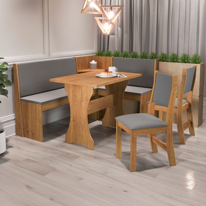 Canto Alemão Hard com 2 Cadeiras Mel/Veludo Cinza - Viero Móveis