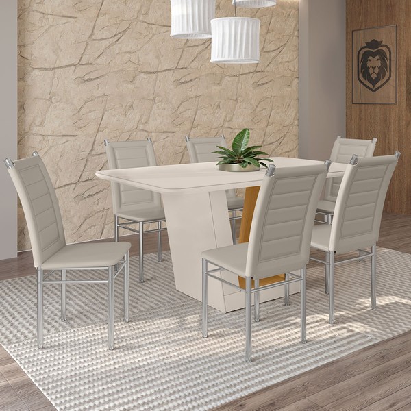 Mesa de Jantar 6 Lugares Viena Tokio com Vidro Cromado/Off White/Nature - Art Panta