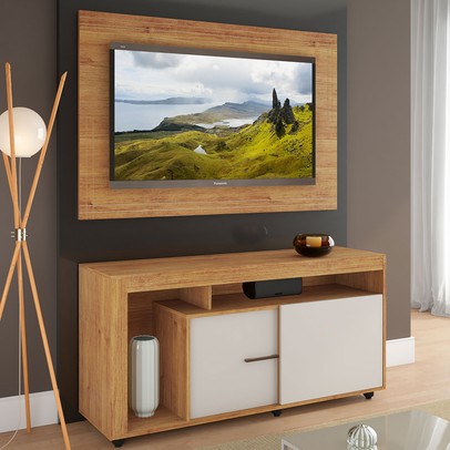 Rack com Painel para TV Até 55 Polegadas Sinfonia 2 Portas Mel/Off White - Viero Móveis