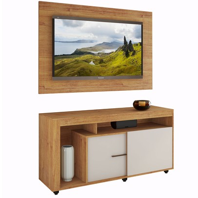 Rack com Painel para TV Até 55 Polegadas Sinfonia 2 Portas Mel/Off White - Viero Móveis