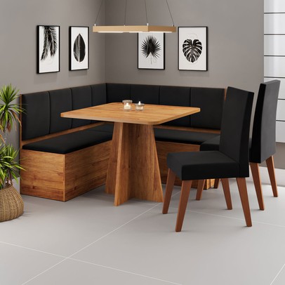 Canto Alemão Gourmet com 2 Caderias Mel/Veludo Preto - Viero Móveis