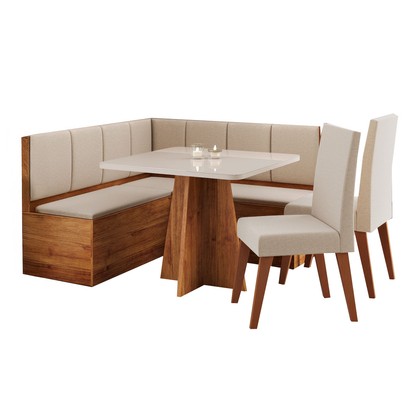 Canto Alemão Gourmet com 2 Cadeiras e Vidro Mel/Off White/Linho Bronze - Viero Móveis