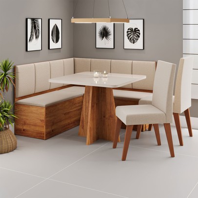 Canto Alemão Gourmet com 2 Cadeiras e Vidro Mel/Off White/Linho Bronze - Viero Móveis