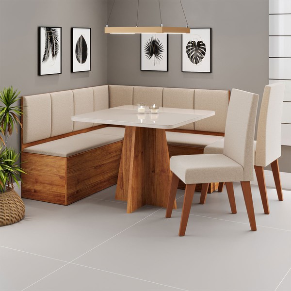 Canto Alemão Gourmet com 2 Cadeiras e Vidro Mel/Off White/Linho Bronze - Viero Móveis