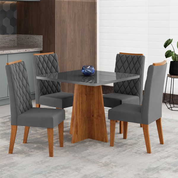 Mesa de Jantar 4 Lugares Cucina com Vidro Mel/Grafite - Viero Móveis