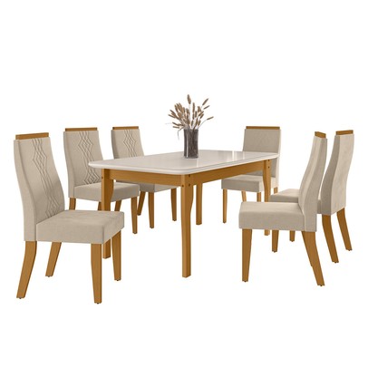 Mesa de Jantar 6 Lugares Luna com Vidro Nature/Off White/Bege - Art Panta