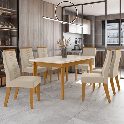 Mesa de Jantar 6 Lugares Luna com Vidro Nature/Off White/Bege - Art Panta