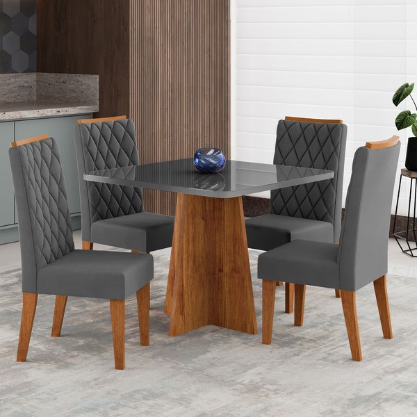 Mesa de Jantar 4 Lugares Cucina Mel/Cinza/Veludo Cinza - Viero Móveis