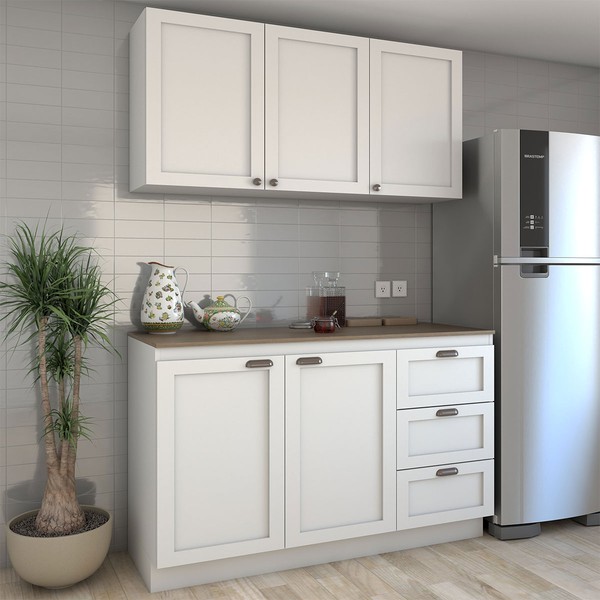 Cozinha Compacta com Tampo Essenza 5 Portas 3 Gavetas Branco Fosco - Panorama Móveis