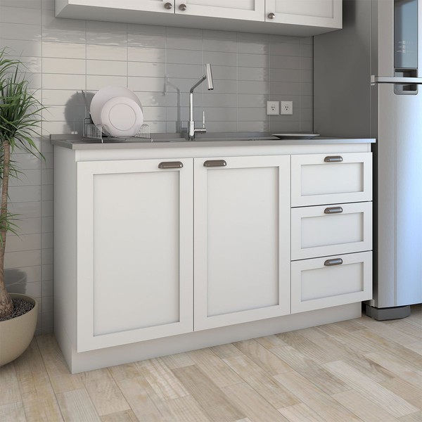 Balcão de Cozinha para Pia Essenza 2 Portas 3 Gavetas 100% Mdf Branco Fosco - Panorama Móveis