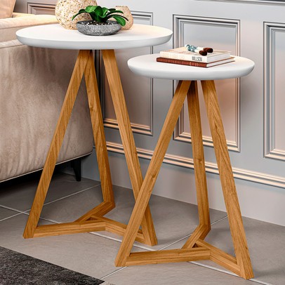 Mesa de Canto Palmas Kit 2 Peças Branco/Nature - Pnr Móveis